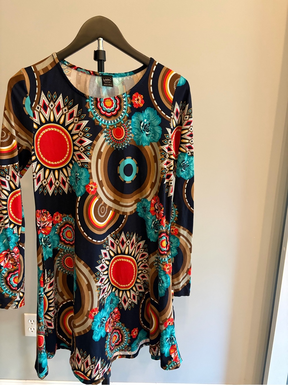Navy Floral Geo Print Tunic Top with Teal Accents